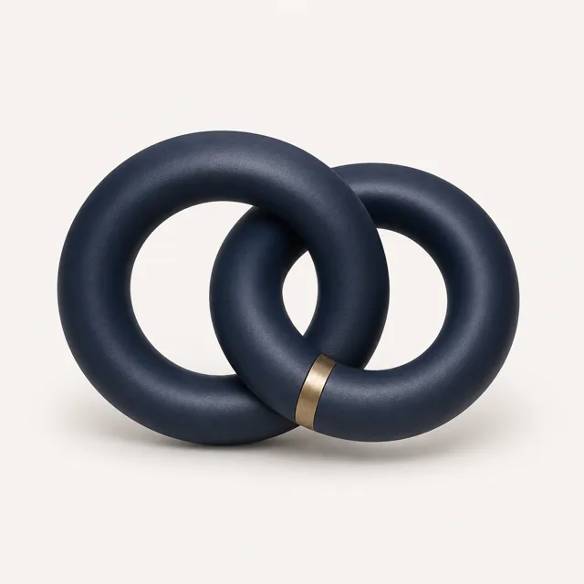 Two interlocking navy and brass rings, the emblem for Contract Law.