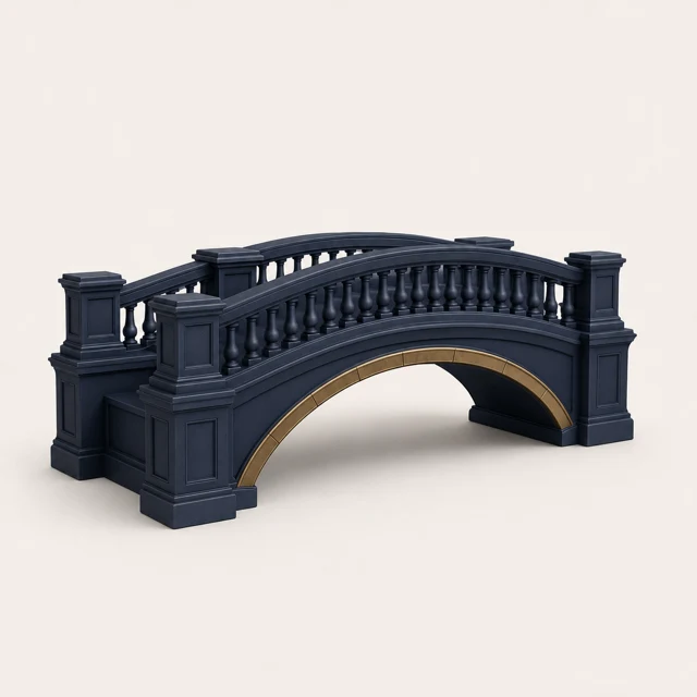 A navy and brass balustraded bridge, the emblem for Dispute Resolution.