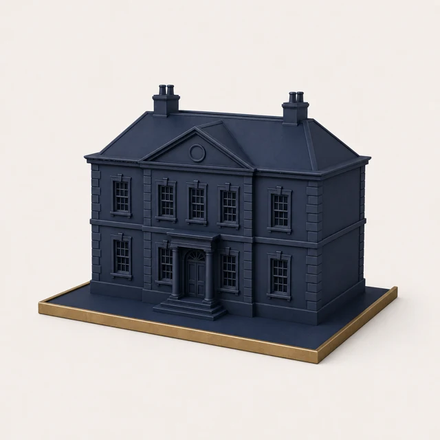 A navy manor house on a brass-edged plot of land, the emblem for Land Law.