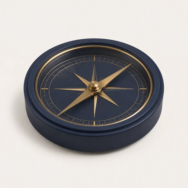 A navy and brass compass, the emblem for Legal Services.