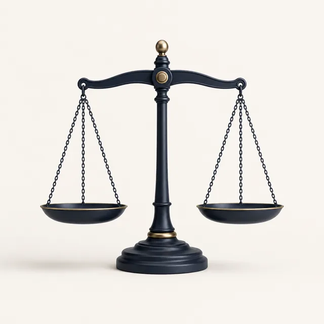 A navy and brass set of scales, the emblem for the Legal System of England and Wales.