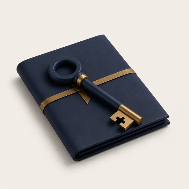 A navy and brass key resting on a bound deed, the emblem for Property Practice.