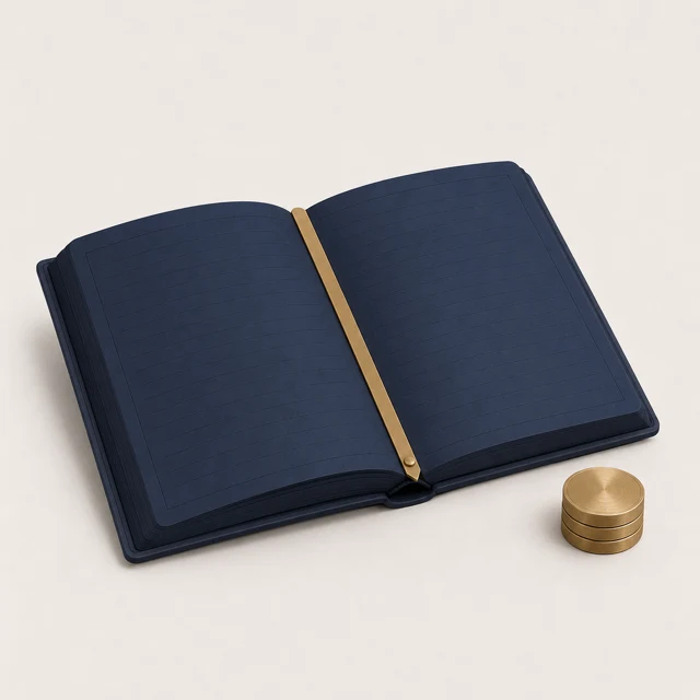 An open navy ledger with brass coins, the emblem for Solicitors Accounts.
