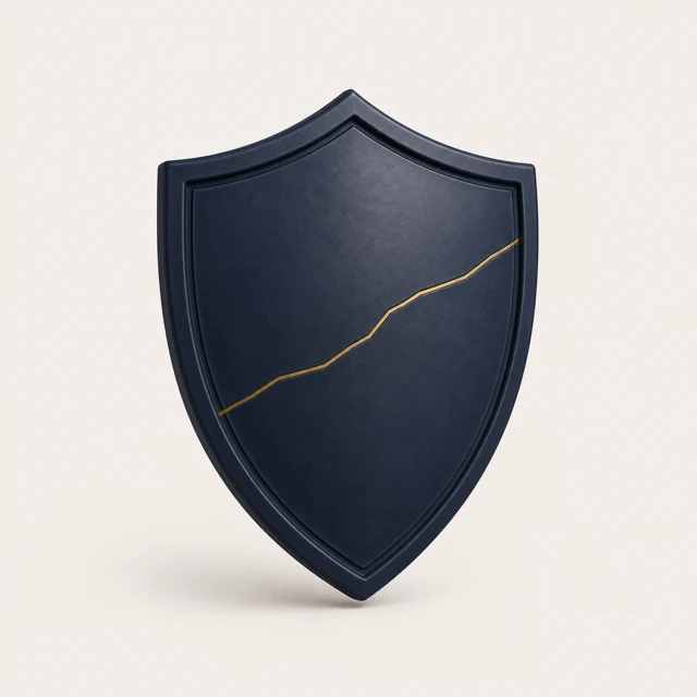 A navy shield with a gold-repaired crack, the emblem for Tort Law.