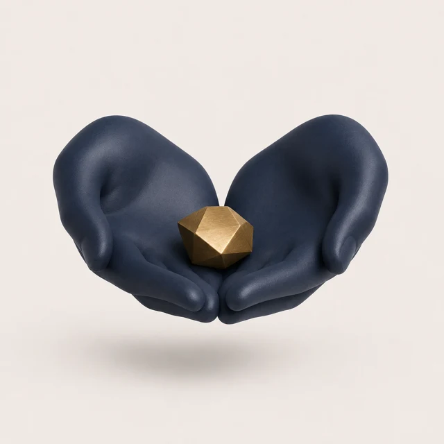 Navy cupped hands holding a brass polyhedron, the emblem for Trusts.