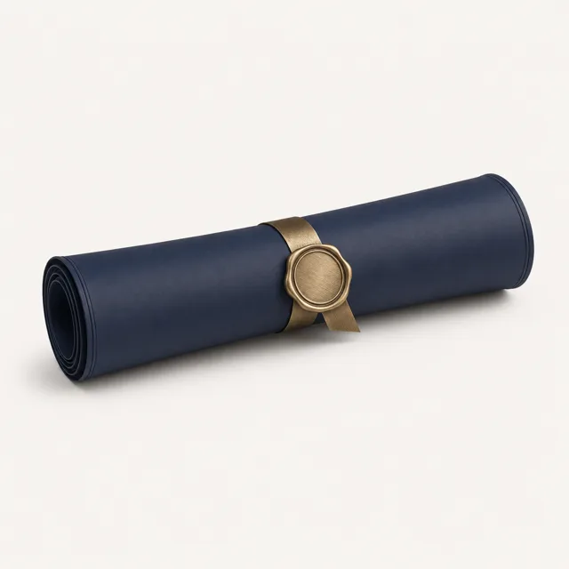 A navy scroll bound with a brass wax seal, the emblem for Wills and Administration of Estates.