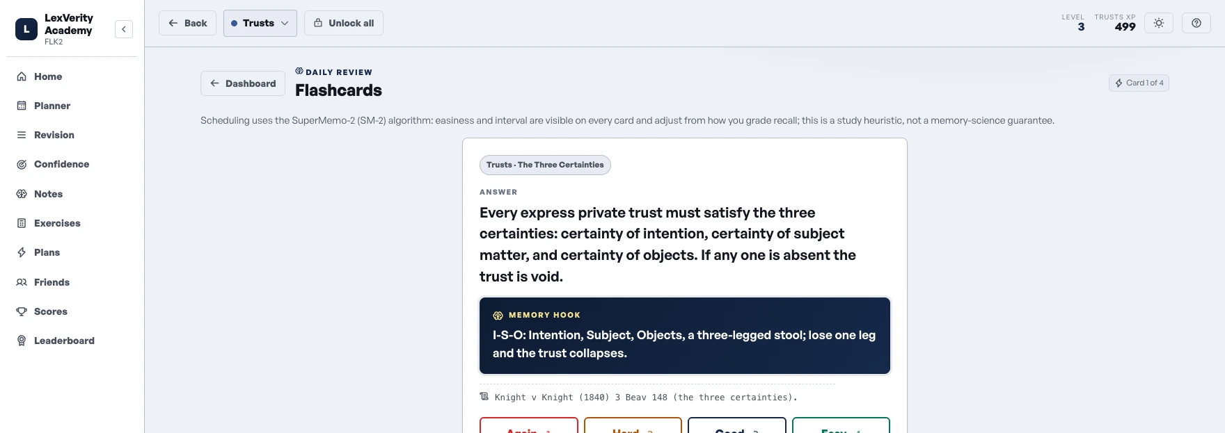 A daily review flashcard in the LexVerity Academy app, showing a spaced-repetition prompt drawn from the Trusts subject.